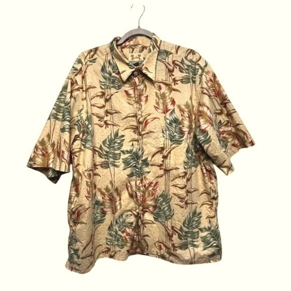 Reyn Spooner Mens XL Hawaiian Shirt Regency Cotton Lawn Tropical Leaf Beige - Picture 2 of 6